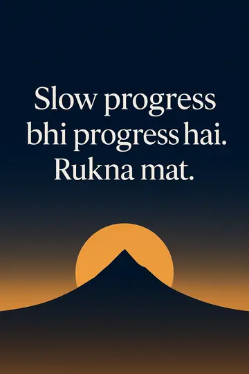 A lone mountain silhouette and rising sun with a modern Hinglish motivation quote in gold text.