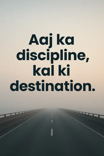 A straight bridge road fading into sunrise fog with a clean Hinglish quote about discipline and destination.