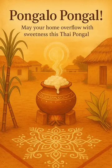 A festive Pongal pot overflows at sunrise in a village courtyard, with kolam, sugarcane, and turmeric leaves.